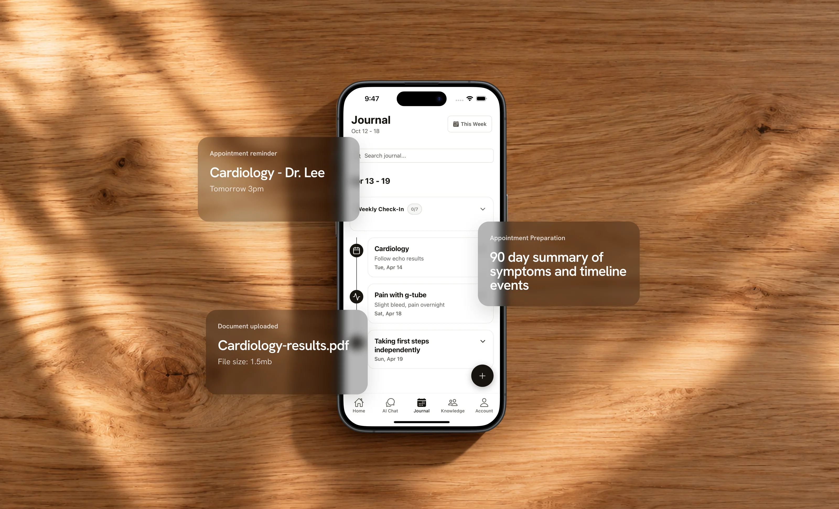 The RareJourney journal on a phone, with an appointment reminder, an uploaded document and a 90 day summary