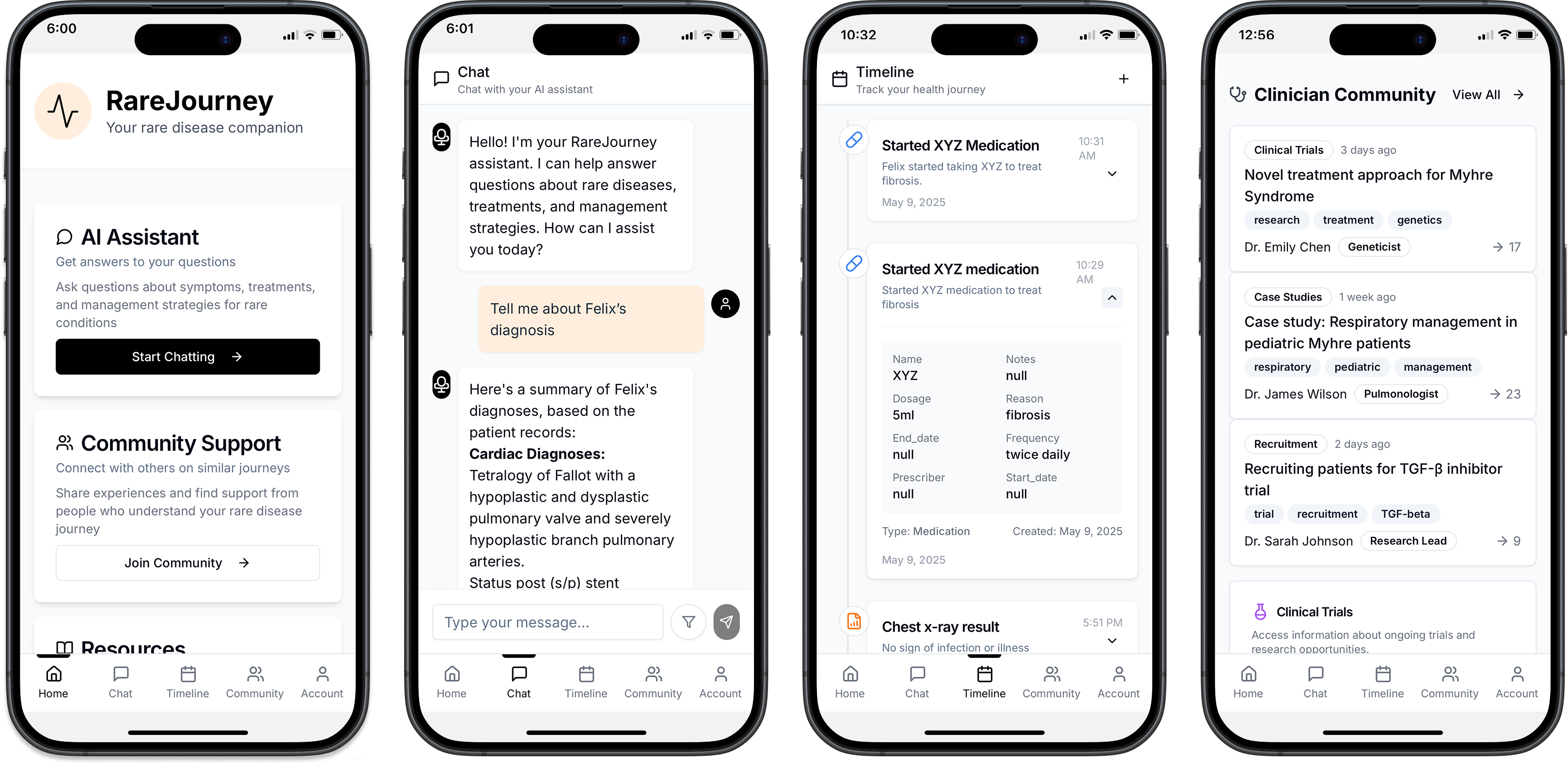RareJourney app interface showing AI assistant, chat functionality, timeline tracking, and clinician community features